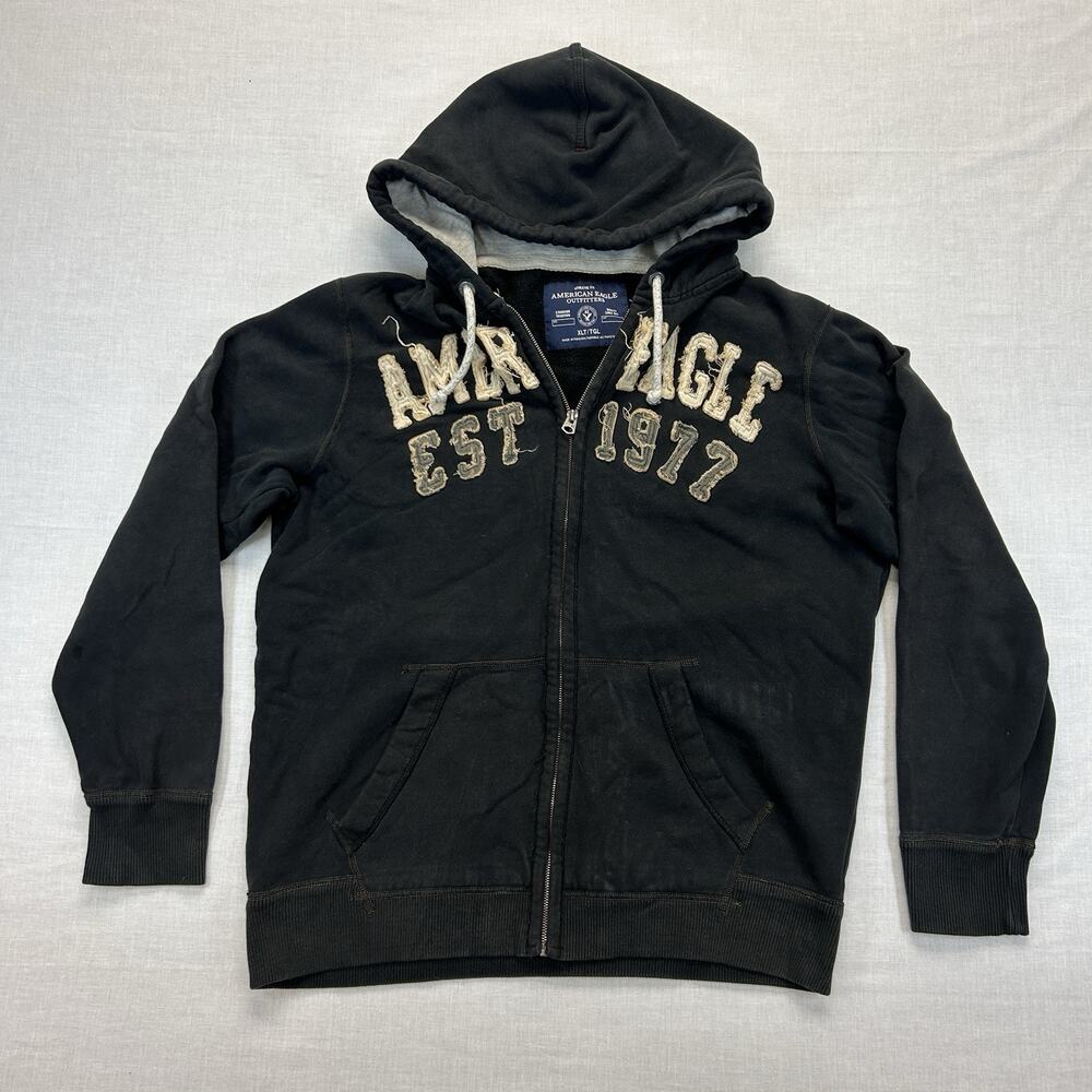 Vintage Y2k American Eagle Heavyweight Full Zip Hoodie Men's XL Tall Black 2000s